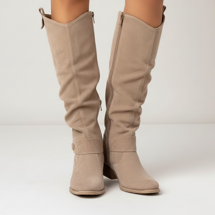 Kelly | Women's Knee High Slouch Leather  Boots with Side Zip, Low Heel