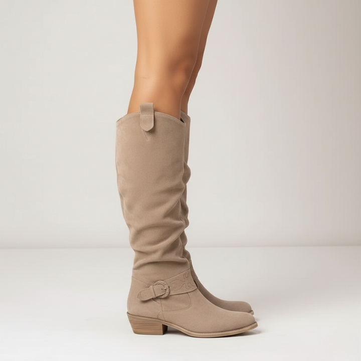 Kelly | Women's Knee High Slouch Leather  Boots with Side Zip, Low Heel