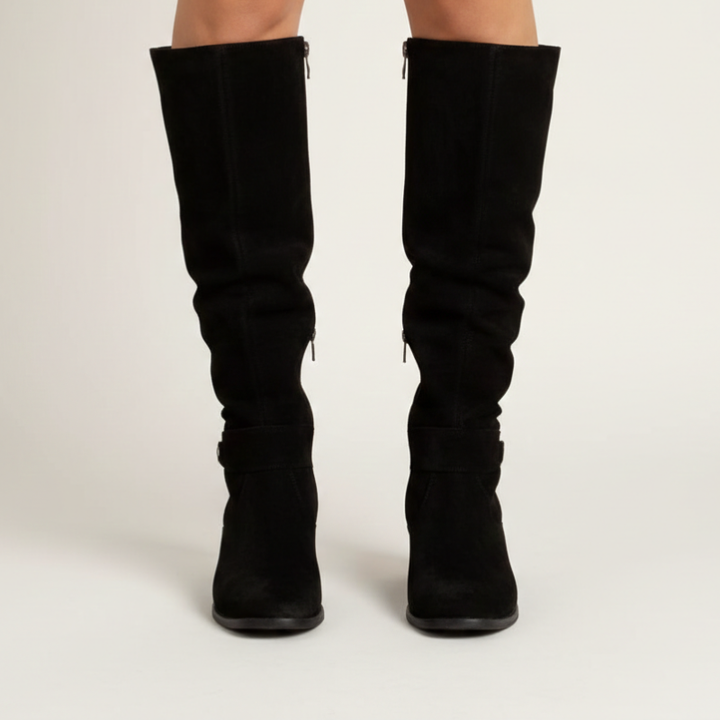 Kelly | Women's Knee High Slouch Leather  Boots with Side Zip, Low Heel