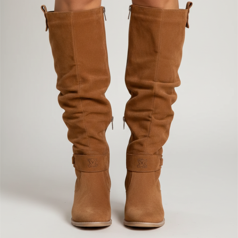 Kelly | Women's Knee High Slouch Leather  Boots with Side Zip, Low Heel