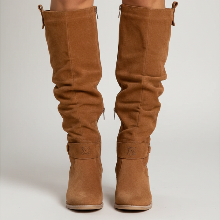 Kelly | Women's Knee High Slouch Leather  Boots with Side Zip, Low Heel