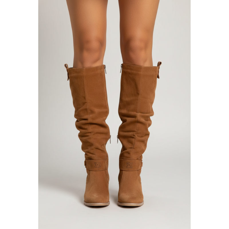 Kelly | Women's Knee High Slouch Leather  Boots with Side Zip, Low Heel