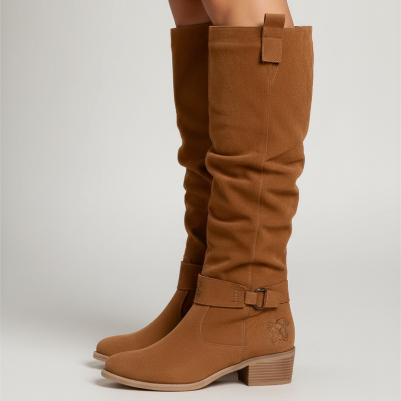 Kelly | Women's Knee High Slouch Leather  Boots with Side Zip, Low Heel