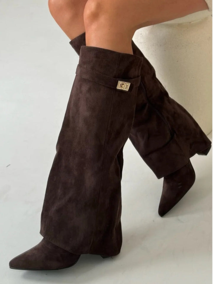 Kelly | Woman's Block Heel Knee High Boots, Wide Flare Top