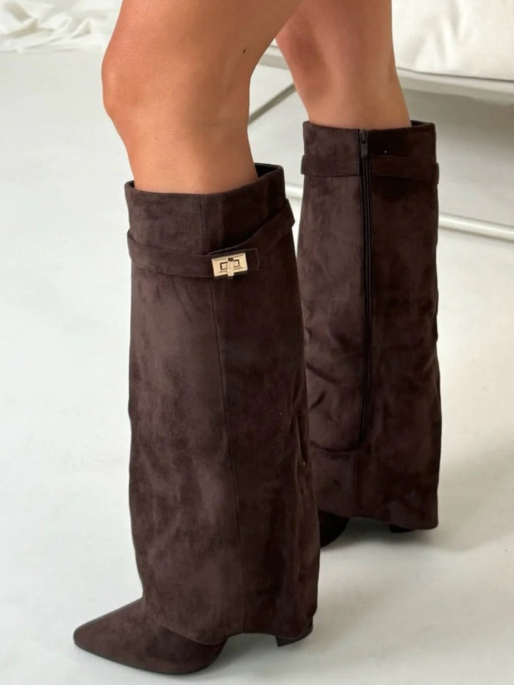 Kelly | Woman's Block Heel Knee High Boots, Wide Flare Top