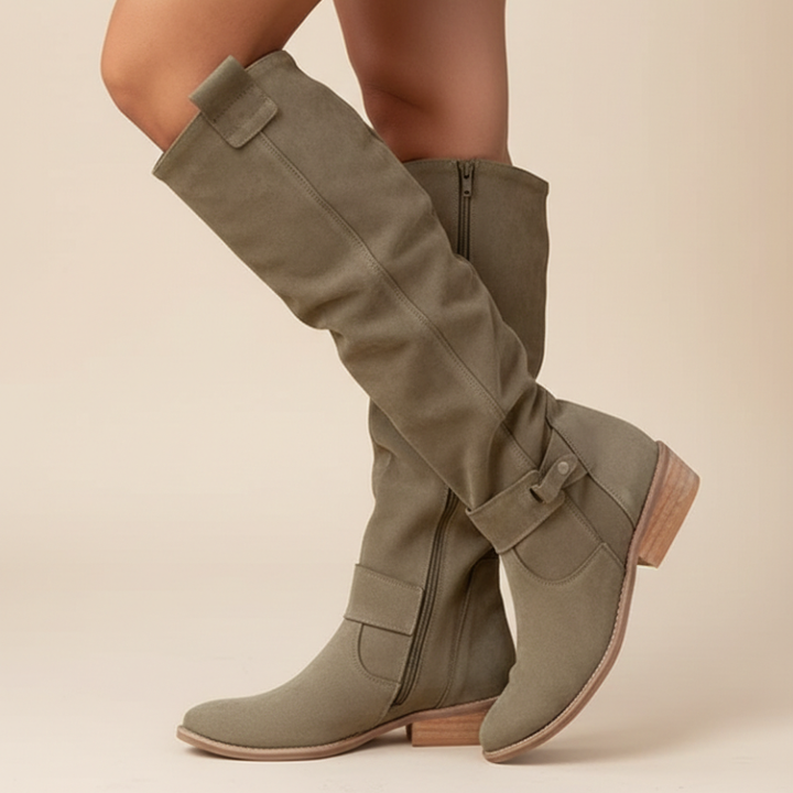 Kelly | Women's Knee High Slouch Leather  Boots with Side Zip, Low Heel