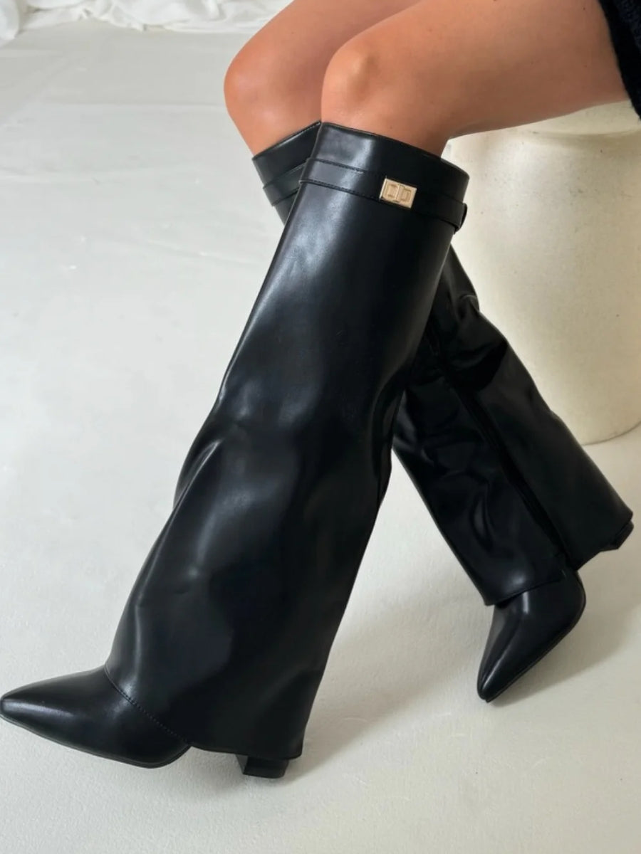 Kelly | Woman's Block Heel Knee High Boots, Wide Flare Top