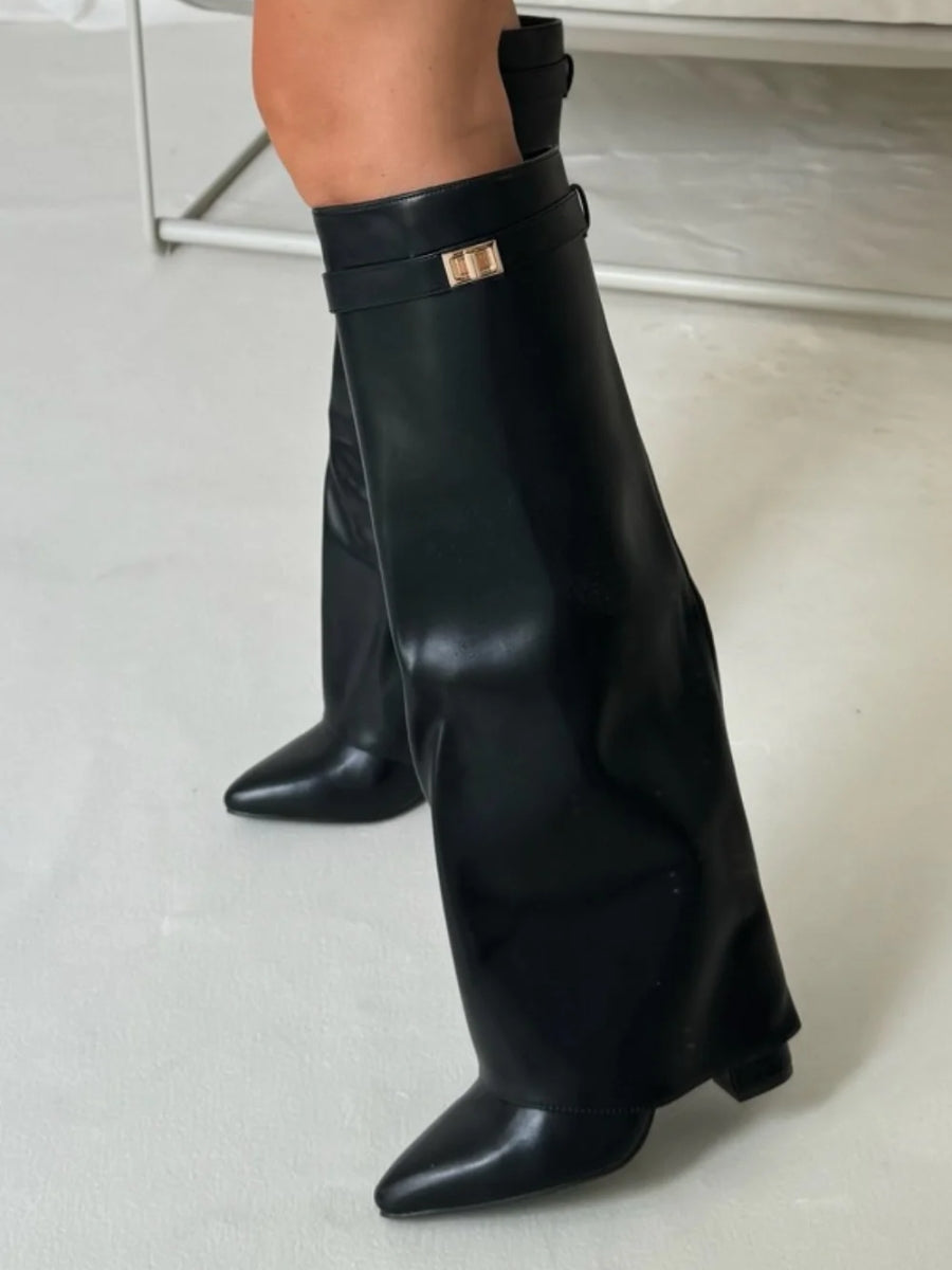 Kelly | Woman's Block Heel Knee High Boots, Wide Flare Top