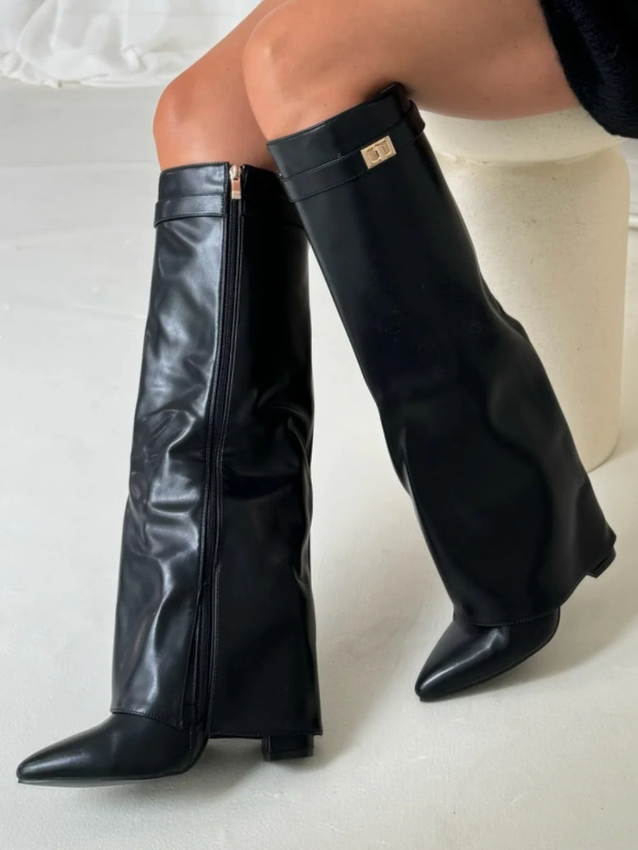 Kelly | Woman's Block Heel Knee High Boots, Wide Flare Top