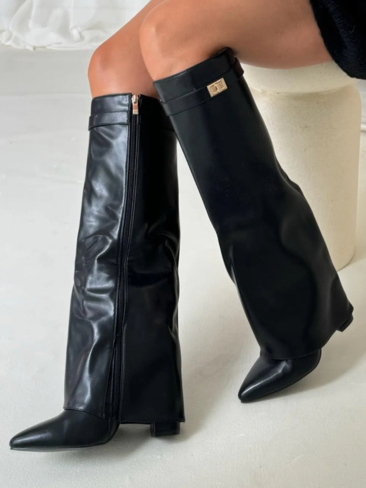 Kelly | Woman's Block Heel Knee High Boots, Wide Flare Top
