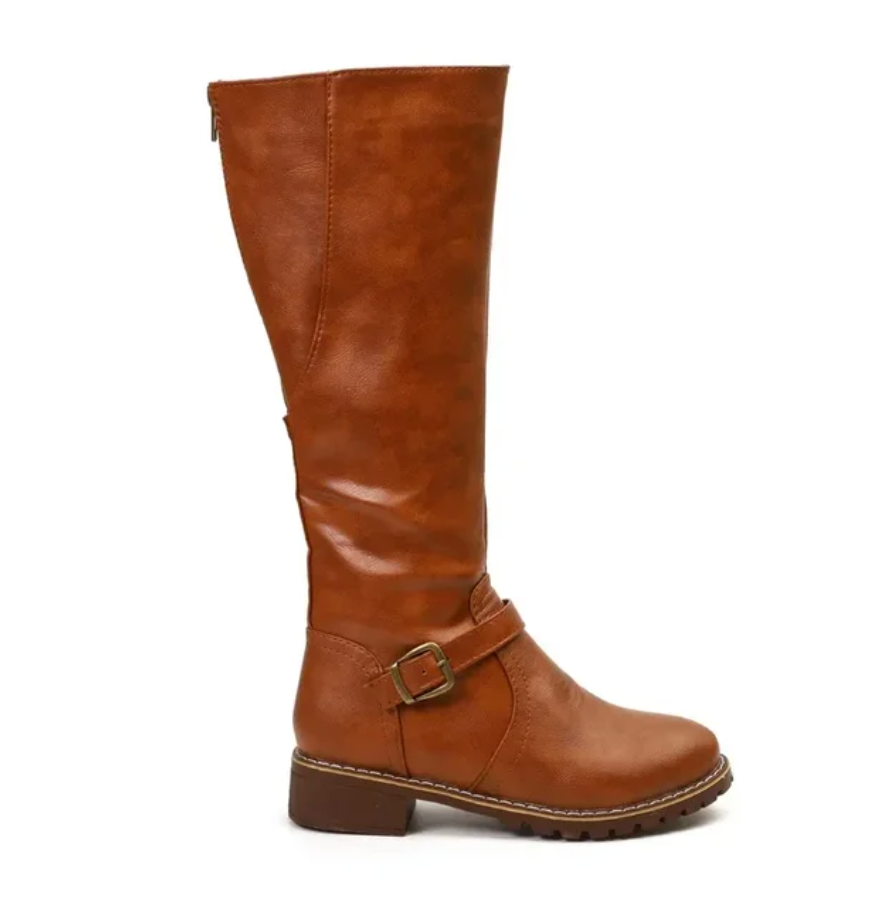 Kelly | Women's Knee High Boots, Buckle Strap & Low Block Heel