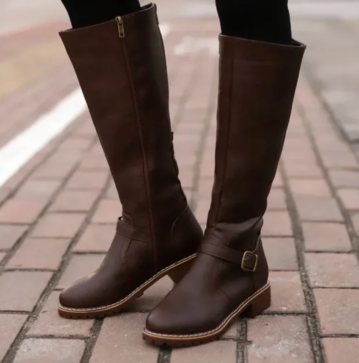 Kelly | Women's Knee High Boots, Buckle Strap & Low Block Heel