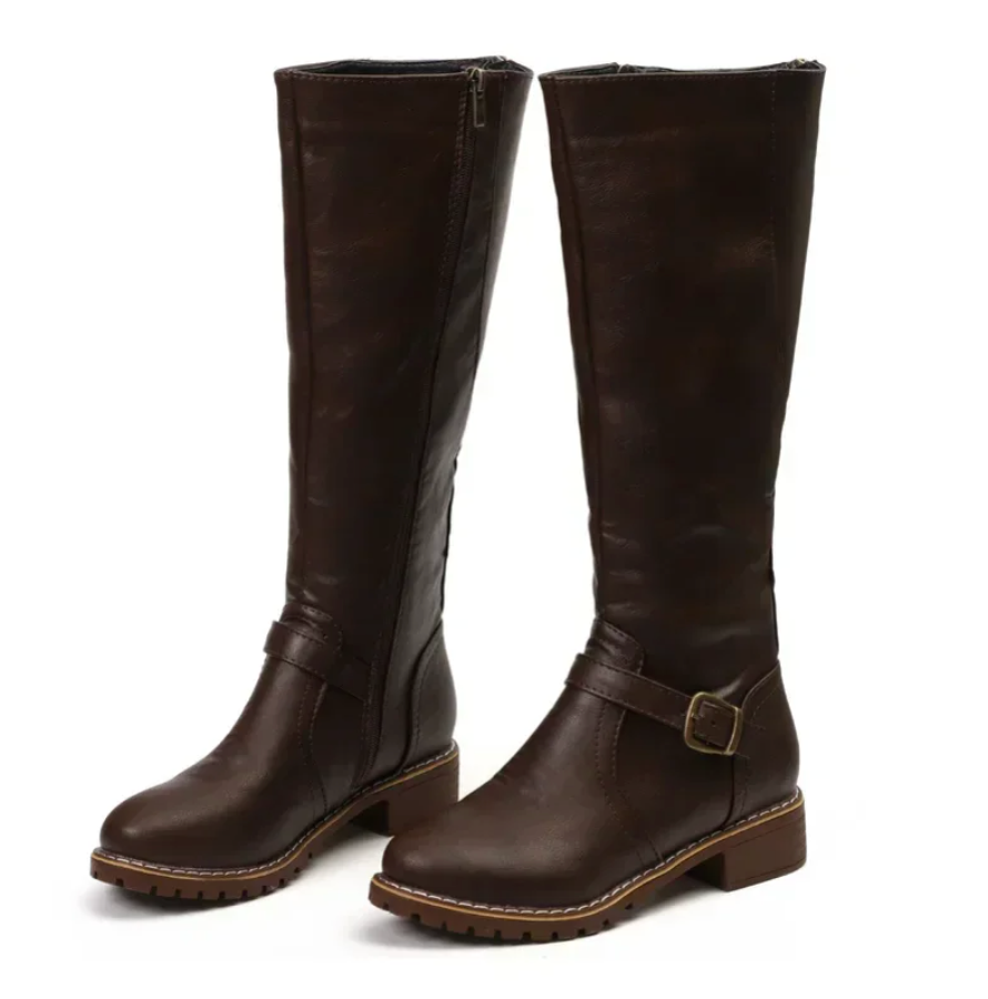 Kelly | Women's Knee High Boots, Buckle Strap & Low Block Heel