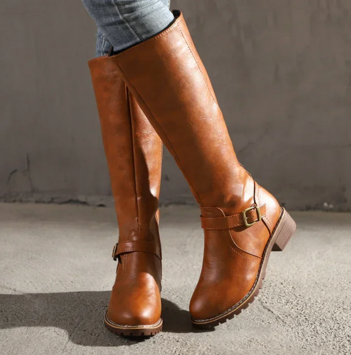 Kelly | Women's Knee High Boots, Buckle Strap & Low Block Heel