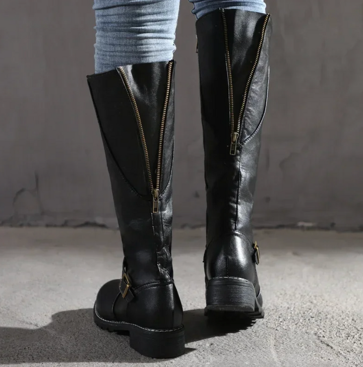 Kelly | Women's Knee High Boots, Buckle Strap & Low Block Heel