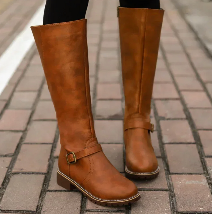 Kelly | Women's Knee High Boots, Buckle Strap & Low Block Heel