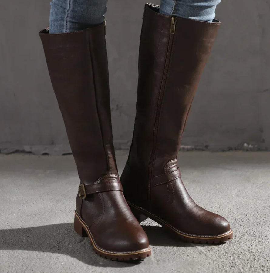 Kelly | Women's Knee High Boots, Buckle Strap & Low Block Heel