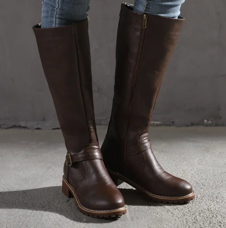 Kelly | Women's Knee High Boots, Buckle Strap & Low Block Heel
