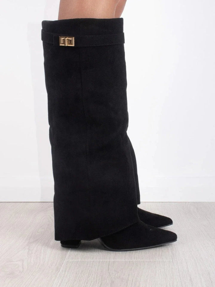 Kelly | Woman's Block Heel Knee High Boots, Wide Flare Top